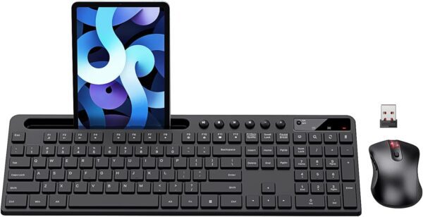 Ergonomic Wireless Computer Keyboard with Phone Tablet Holder, Silent Mouse with 6 Button, Compatible with MacBook, Windows (Black)