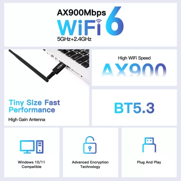 AX900 USB WI-FI & Bluetooth 2 in 1 Adapter USB Dongle for Desktop PC - Image 3