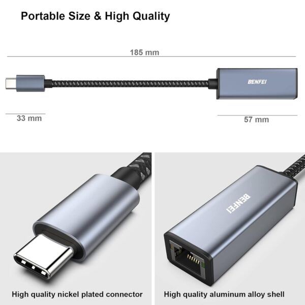 BENFEI USB-C to Ethernet Adapter, USB Type-C (Thunderbolt 3/4) to RJ45 Gigabit Ethernet LAN Network Adapter - Image 3