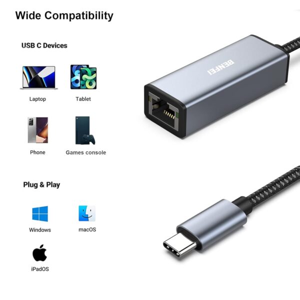 BENFEI USB-C to Ethernet Adapter, USB Type-C (Thunderbolt 3/4) to RJ45 Gigabit Ethernet LAN Network Adapter - Image 4