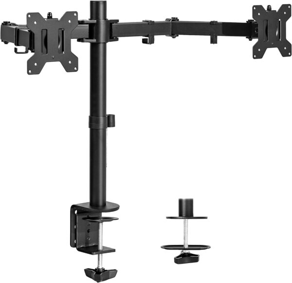 Dual Monitor Desk Mount, Holds 2 Computer Screens up to 30 inches and 22lbs Each, Heavy Duty Fully Adjustable Steel Stand with C-Clamp and Grommet, Black, STAND-V002