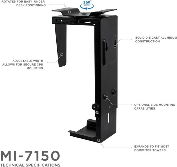CPU Under Desk Mount Bracket - Computer Tower Wall and Under Counter Holder, 360 Degree Swivel Adjustable Height and Width Wall-Mountable - Image 6