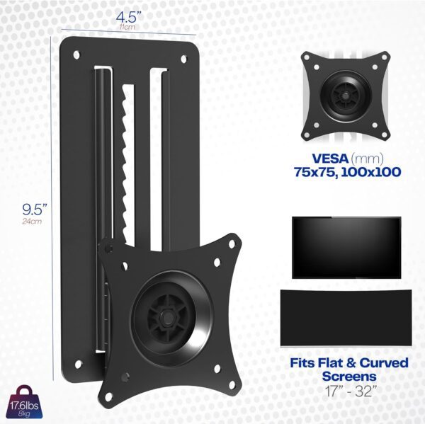 Height Adjustable 17 to 32 inch Single Monitor Articulating Wall Mount for Standing Workstations, Fits 1 Screen with Max VESA 100x100mm, Black, MOUNT-VW01A - Image 3