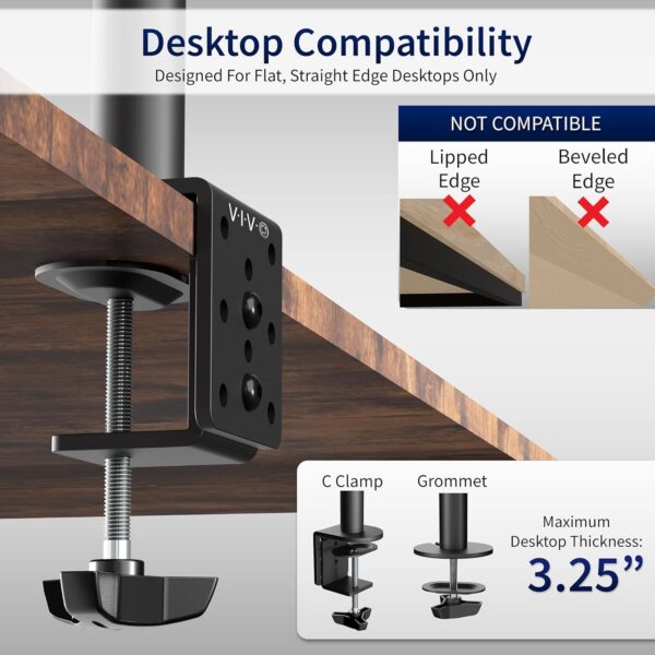 Dual Monitor Desk Mount, Holds 2 Computer Screens up to 30 inches and 22lbs Each, Heavy Duty Fully Adjustable Steel Stand with C-Clamp and Grommet, Black, STAND-V002 - Image 4